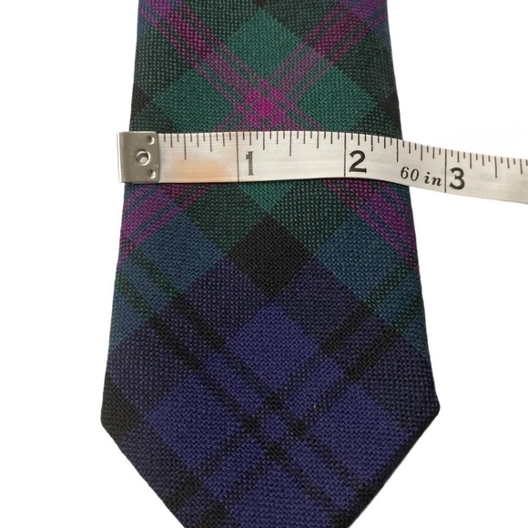 100% Wool Green Blue Purple Tartan tie - Picture 4 of 5